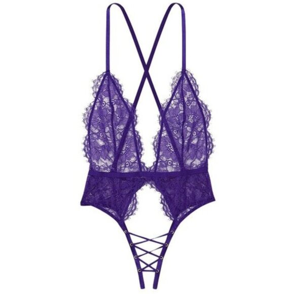 New! Victoria’s Secret Brilliant Purple Lace Crotchless Bodysuit 4290 - Picture 1 of 7